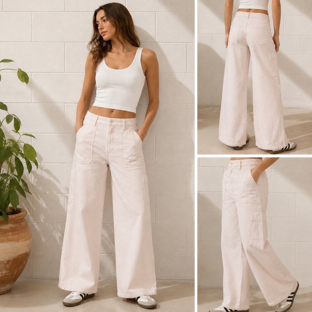 Favorite Daughter Mischa Utility Wide Leg Jeans Soft Peach Pink 26